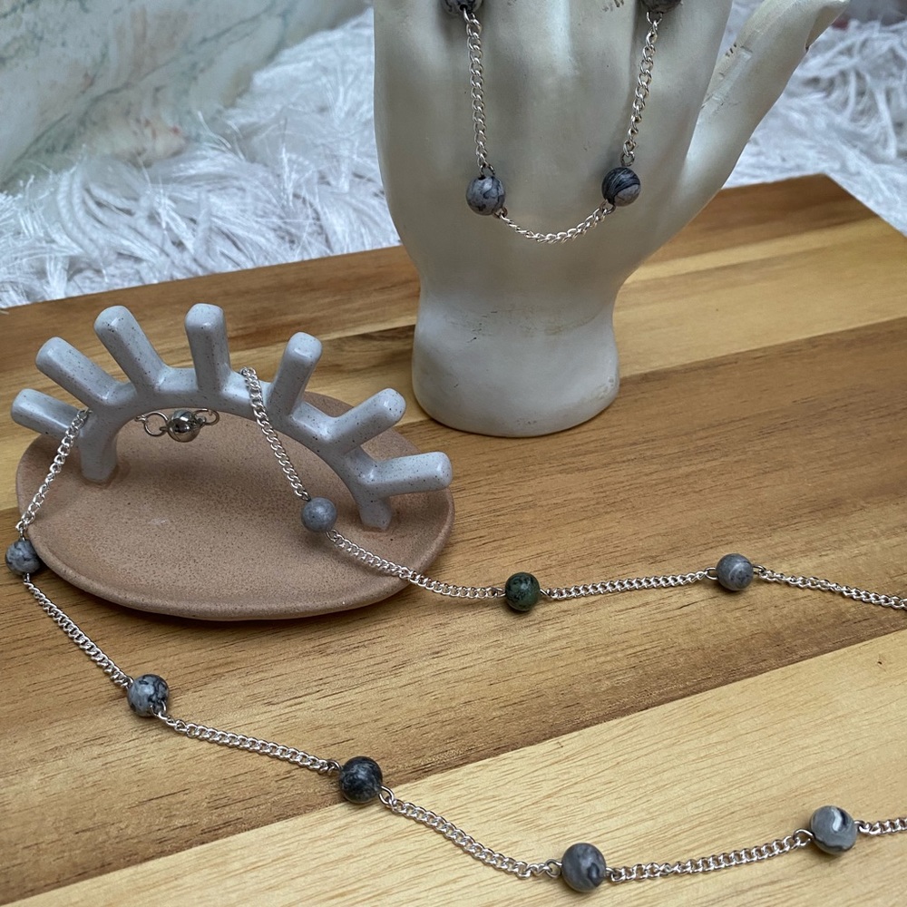 New Handcrafted Tin Cup Black Flash Agate Necklace and Bracelet Jewelry Set
